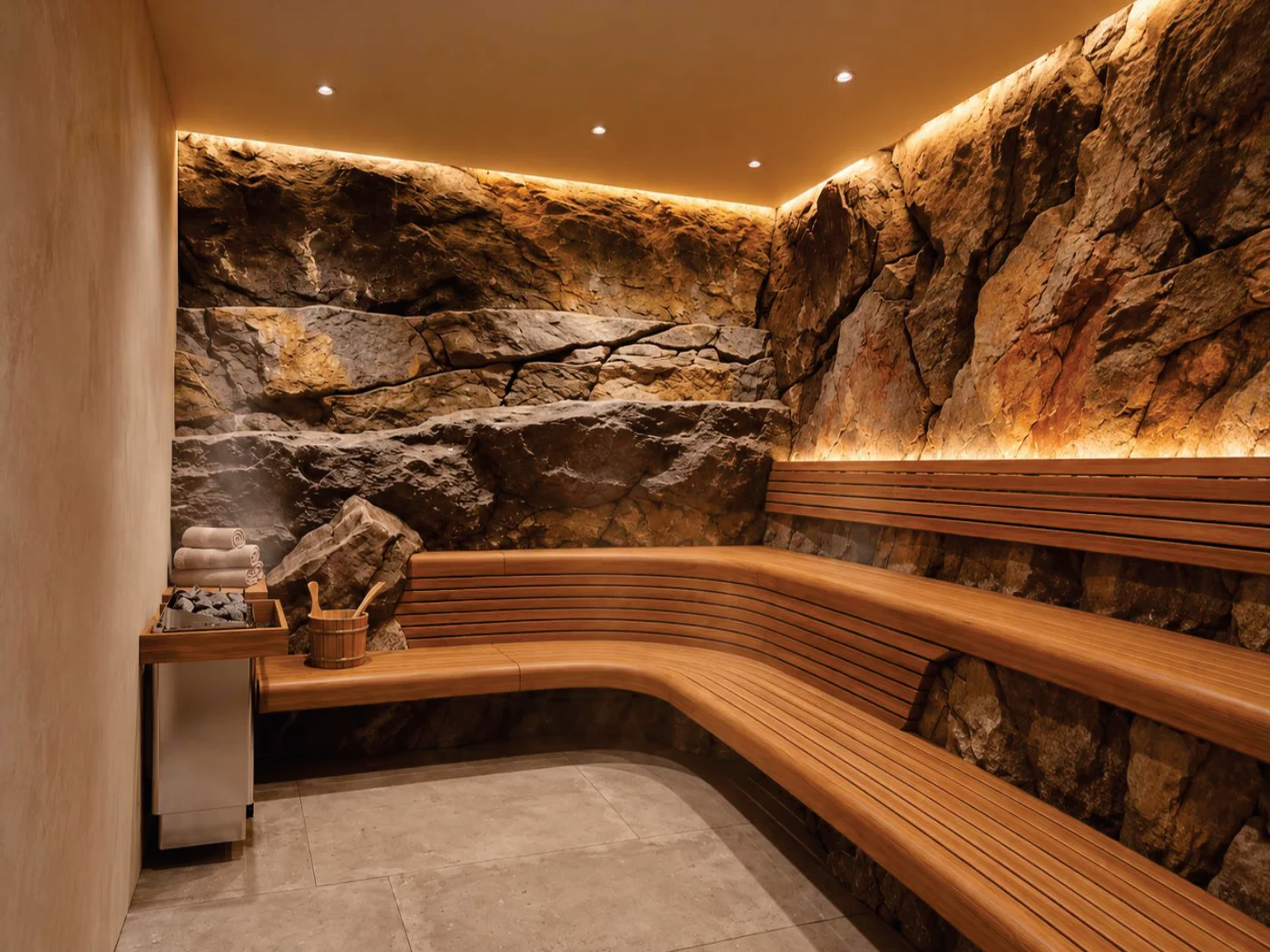 Perspectiva da sauna com rocha natural integrada à parede